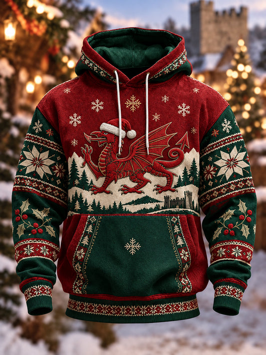 Men's Welsh Christmas Printed Oversized Drop-Shoulder Hoodie with Pockets